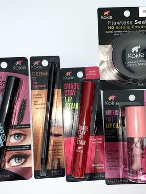 5 PC Kokie Cosmetics Lot: Mascara, Eyeliner,Lip Stain, Setting Powder, & Lip Oil